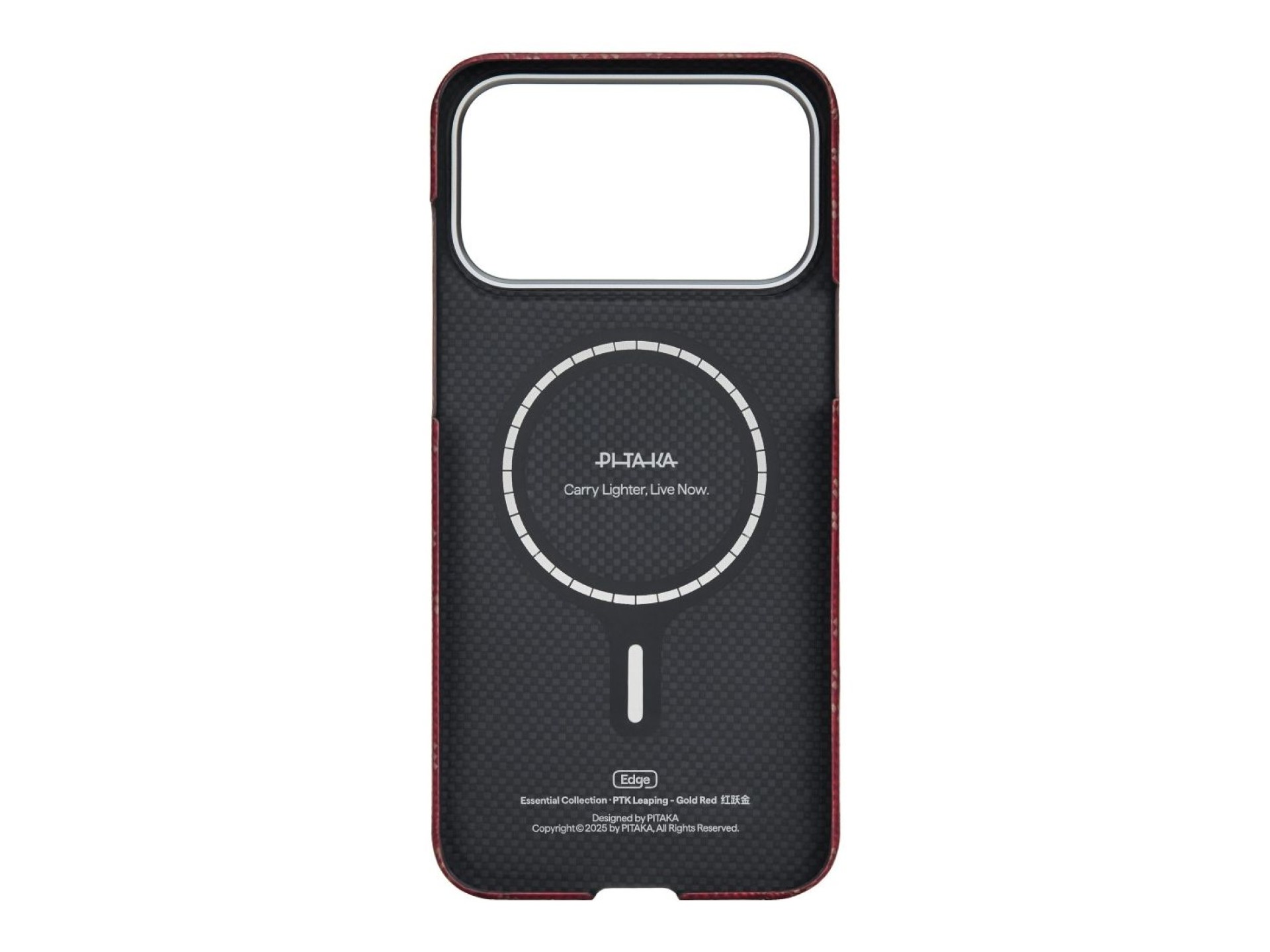 Capa PITAKA Ultra-Slim Monogram MagSafe para iPhone 17 Pro dourada e vermelha
