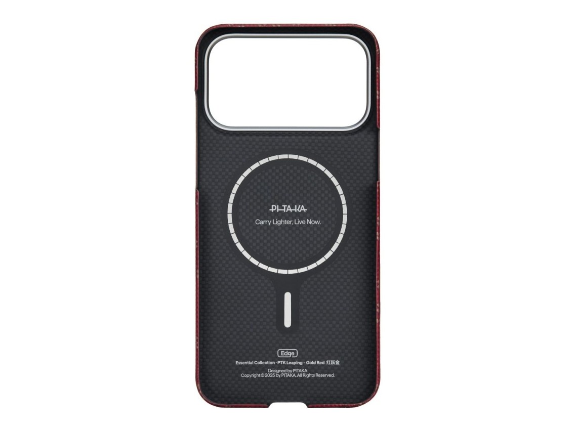 Capa PITAKA Ultra-Slim Monogram MagSafe para iPhone 17 Pro dourada e vermelha