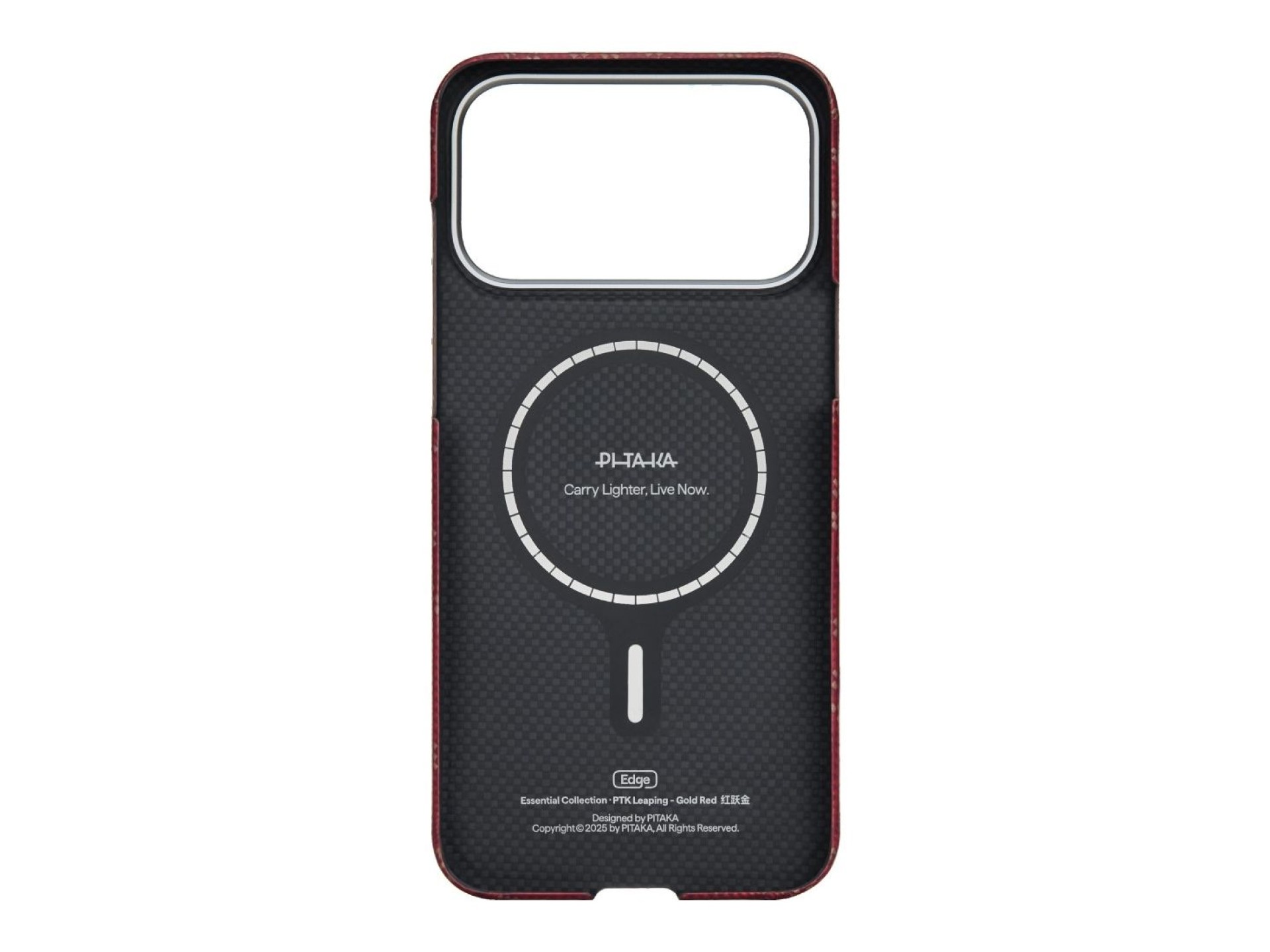 Capa PITAKA Ultra-Slim Monogram MagSafe para iPhone 17 Pro dourada e vermelha