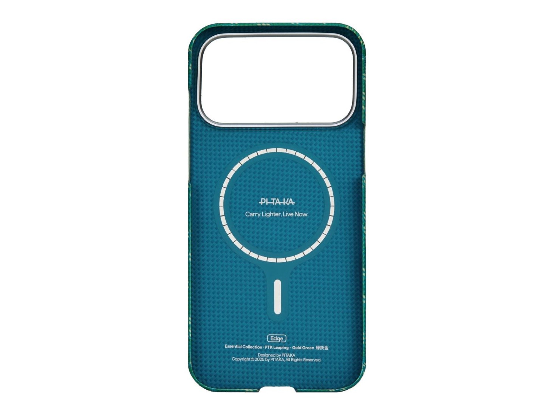 Capa PITAKA Ultra-Slim Monogram MagSafe para iPhone 17 Pro dourada e verde