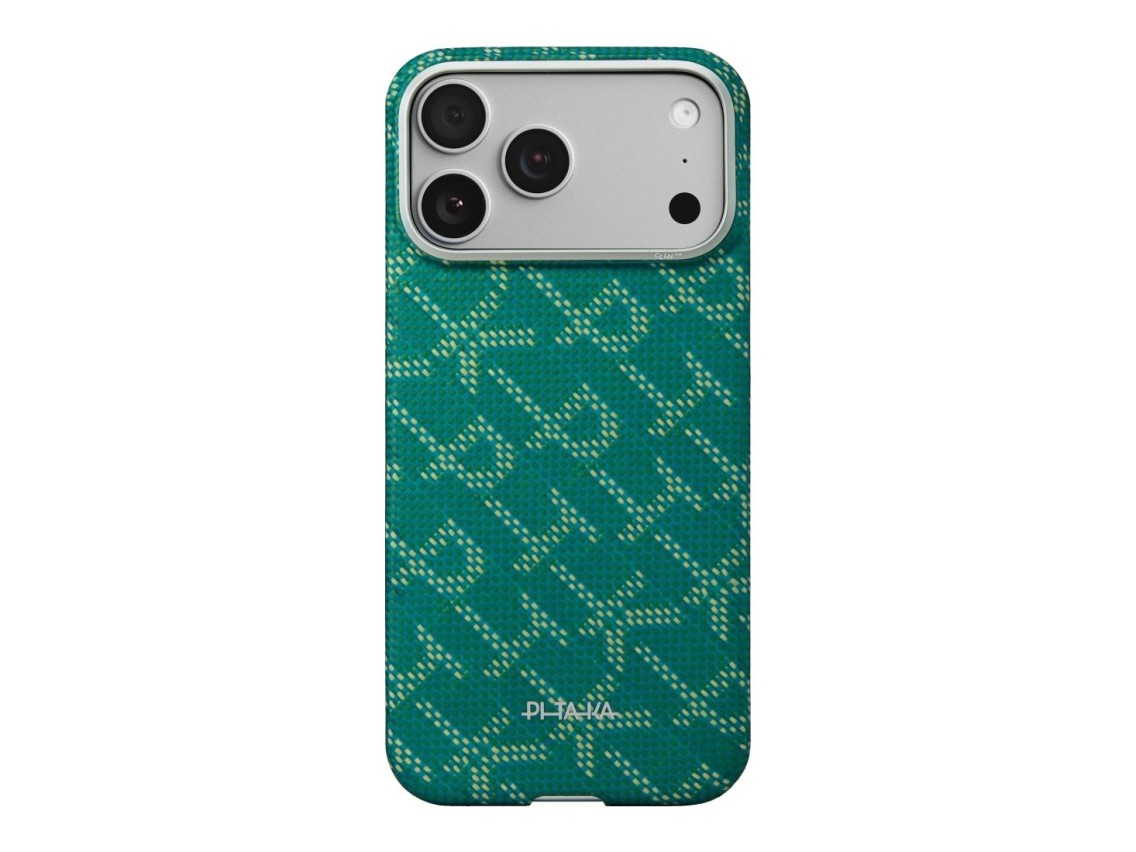 Capa PITAKA Ultra-Slim Monogram MagSafe para iPhone 17 Pro dourada e verde