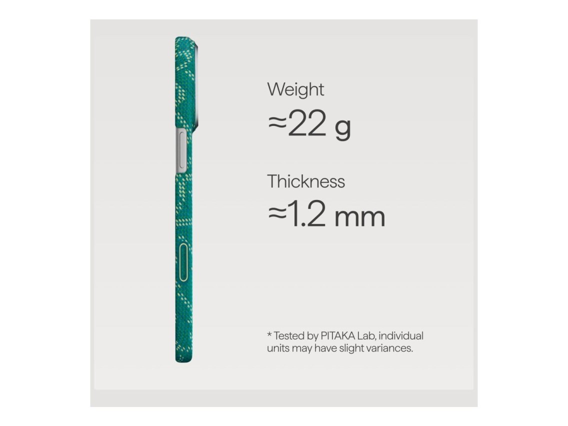 Capa PITAKA Ultra-Slim Monogram MagSafe para iPhone 17 Pro dourada e verde