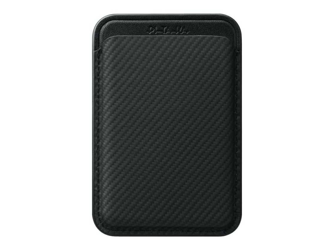 Carteira magnética PITAKA Woven Wallet MagSafe para celular, preta e cinza.