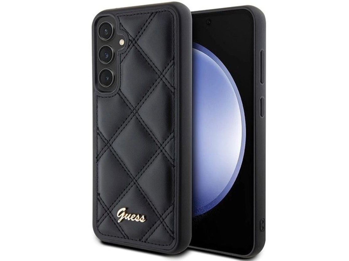 Guess GUHCS23FEPSQSQSK S23 FE S711 estojo rígido preto/preto com logotipo metálico acolchoado