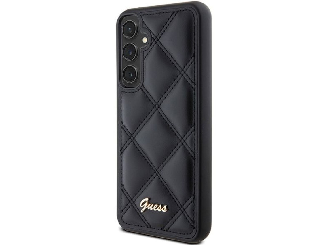 Guess GUHCS23FEPSQSQSK S23 FE S711 estojo rígido preto/preto com logotipo metálico acolchoado