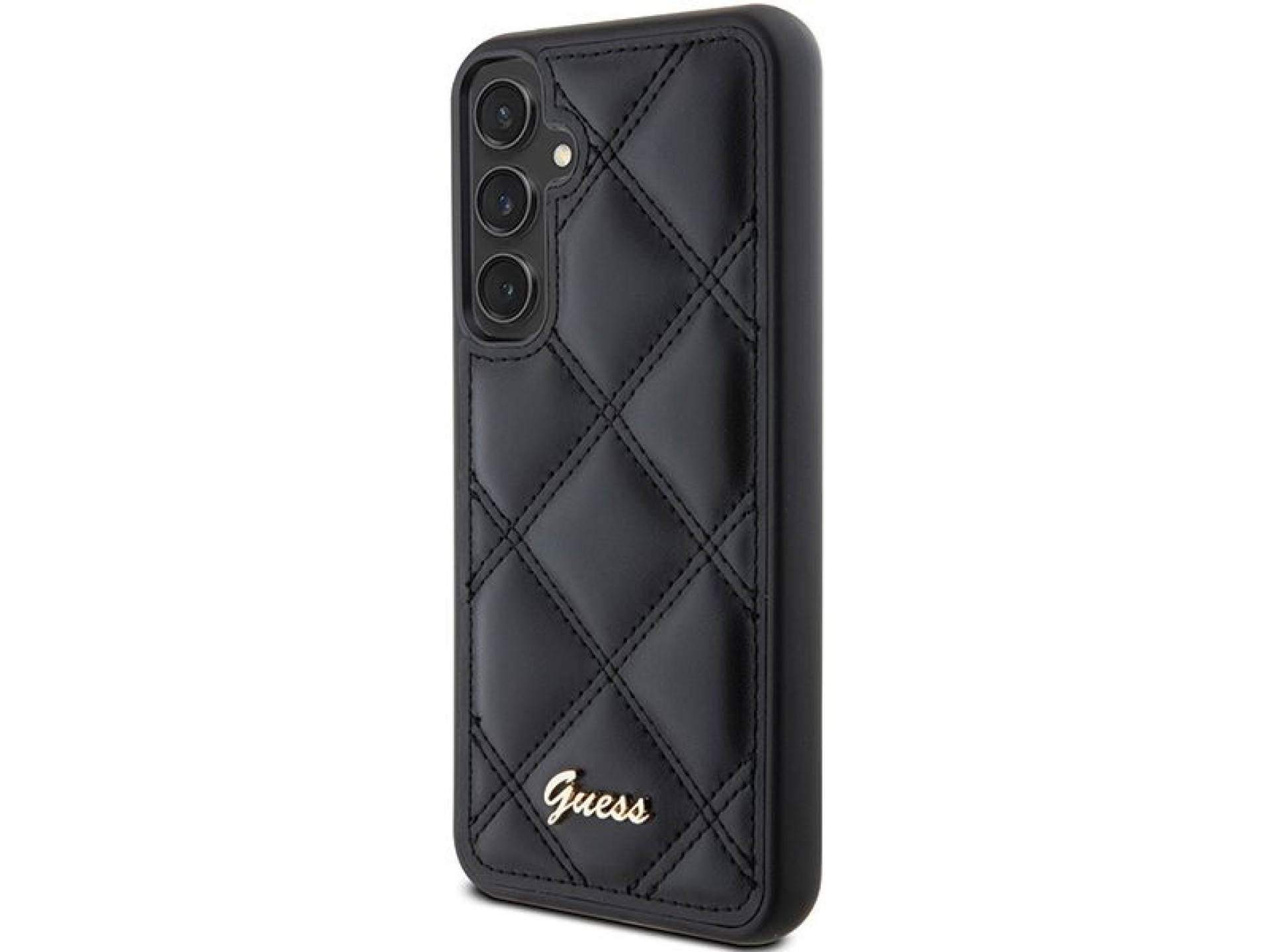 Guess GUHCS23FEPSQSQSK S23 FE S711 estojo rígido preto/preto com logotipo metálico acolchoado