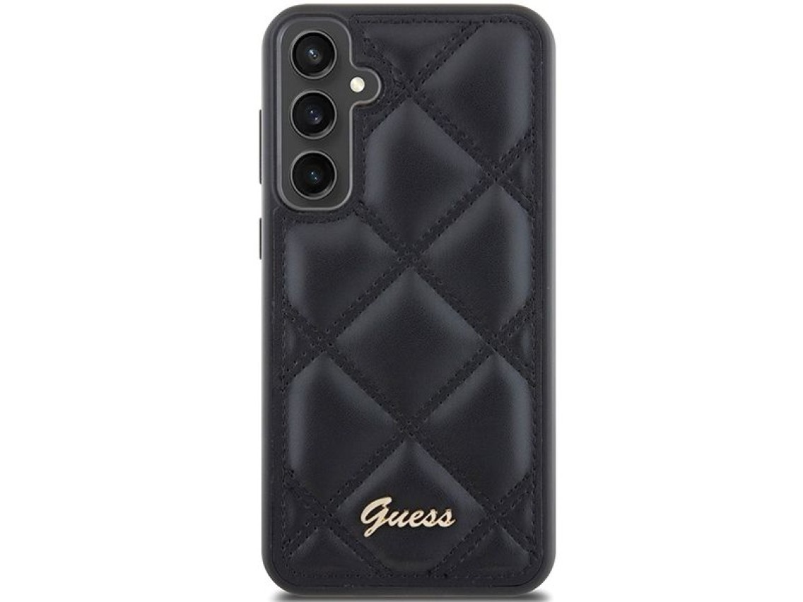 Guess GUHCS23FEPSQSQSK S23 FE S711 estojo rígido preto/preto com logotipo metálico acolchoado