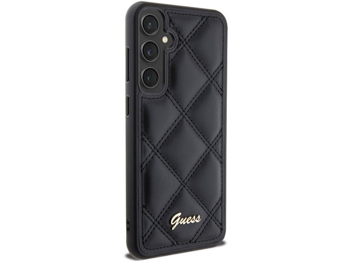 Guess GUHCS23FEPSQSQSK S23 FE S711 estojo rígido preto/preto com logotipo metálico acolchoado