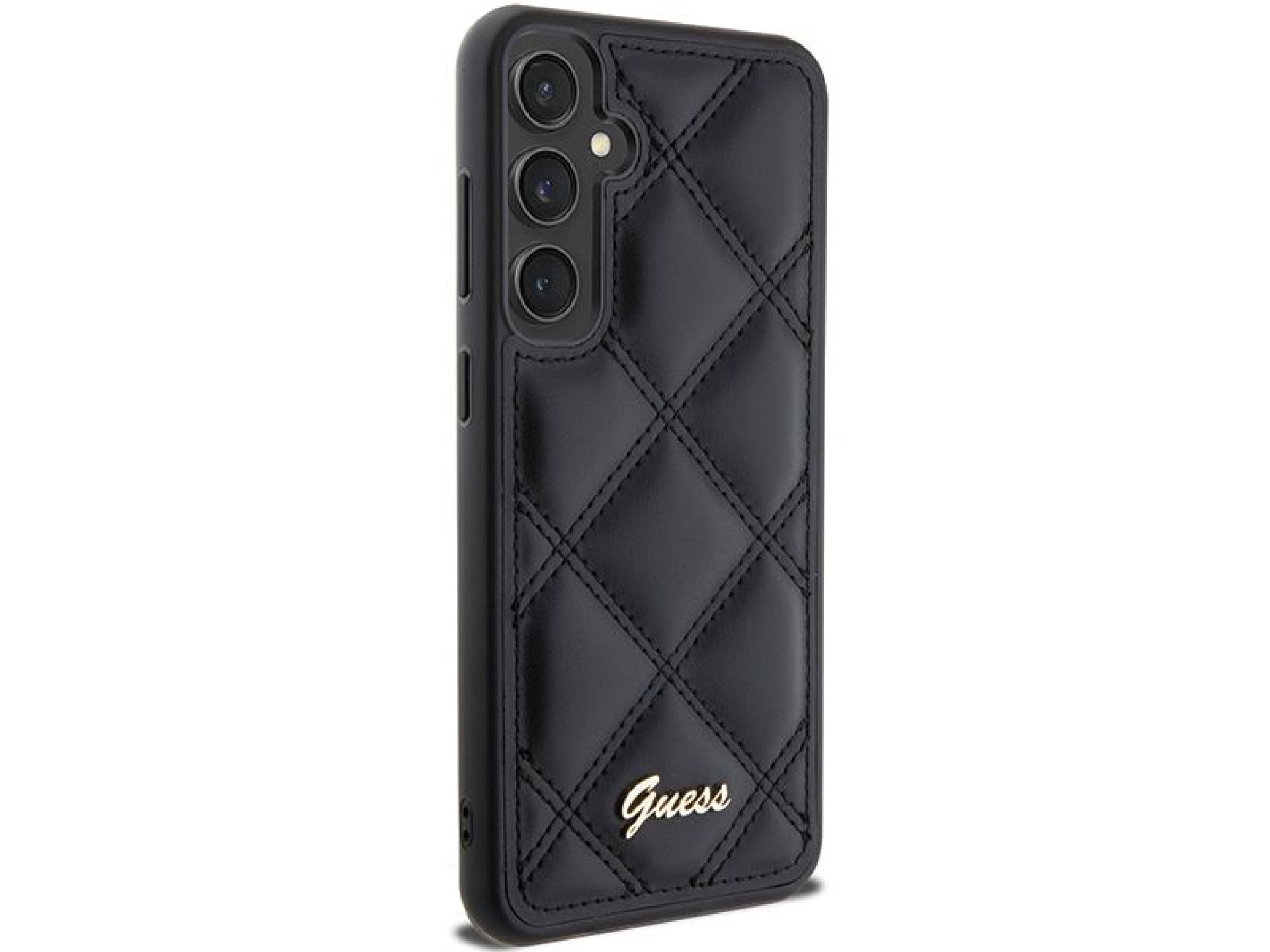 Guess GUHCS23FEPSQSQSK S23 FE S711 estojo rígido preto/preto com logotipo metálico acolchoado