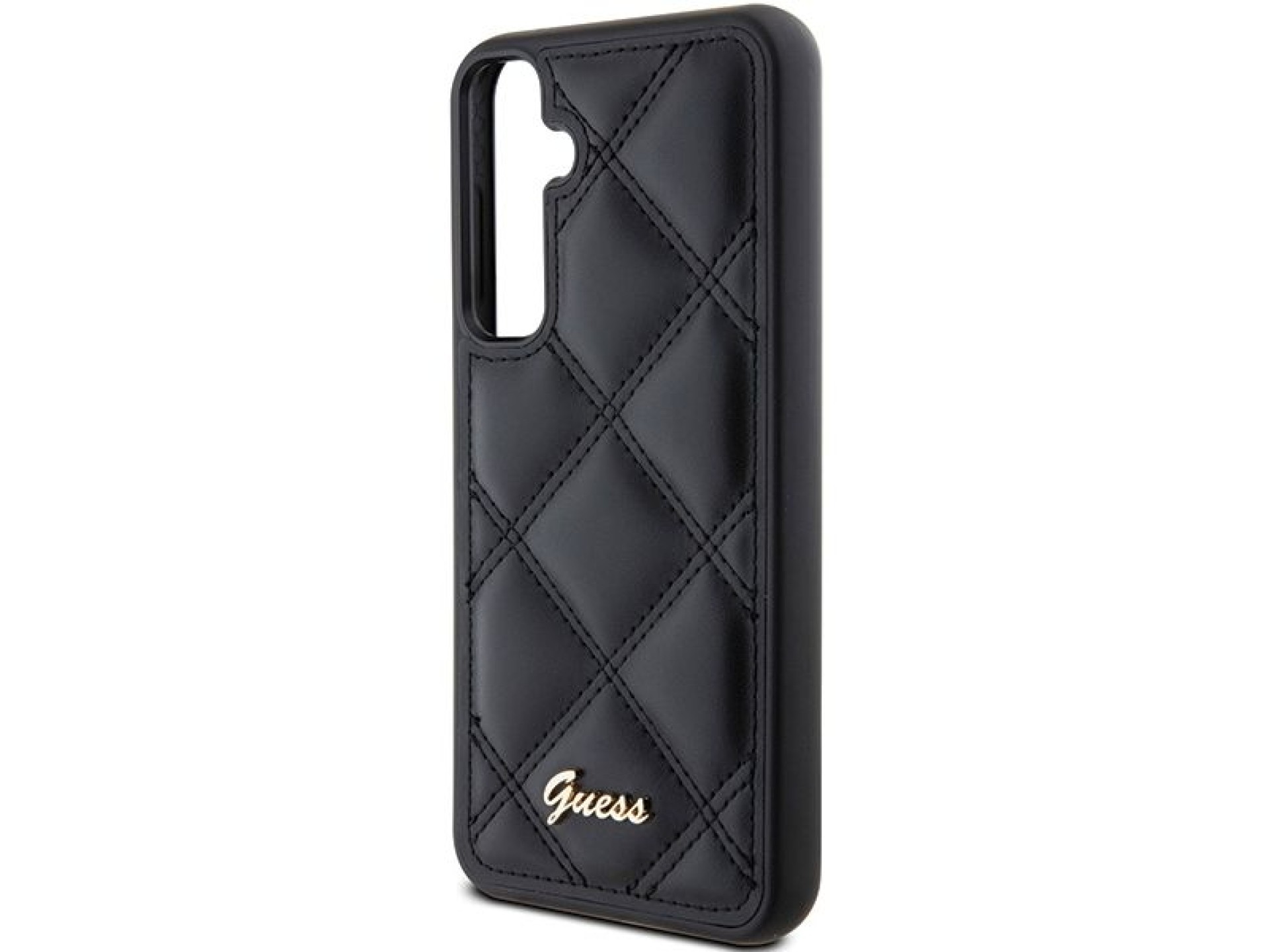 Guess GUHCS23FEPSQSQSK S23 FE S711 estojo rígido preto/preto com logotipo metálico acolchoado