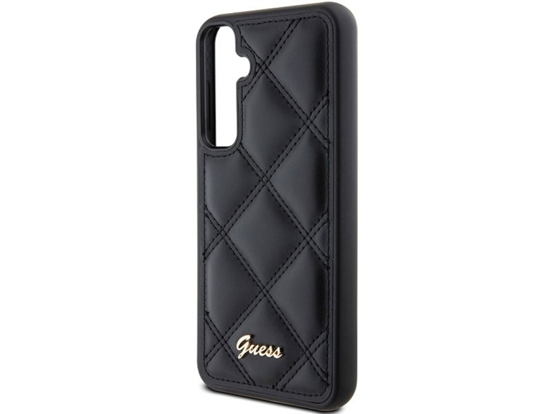 Guess GUHCS23FEPSQSQSK S23 FE S711 estojo rígido preto/preto com logotipo metálico acolchoado