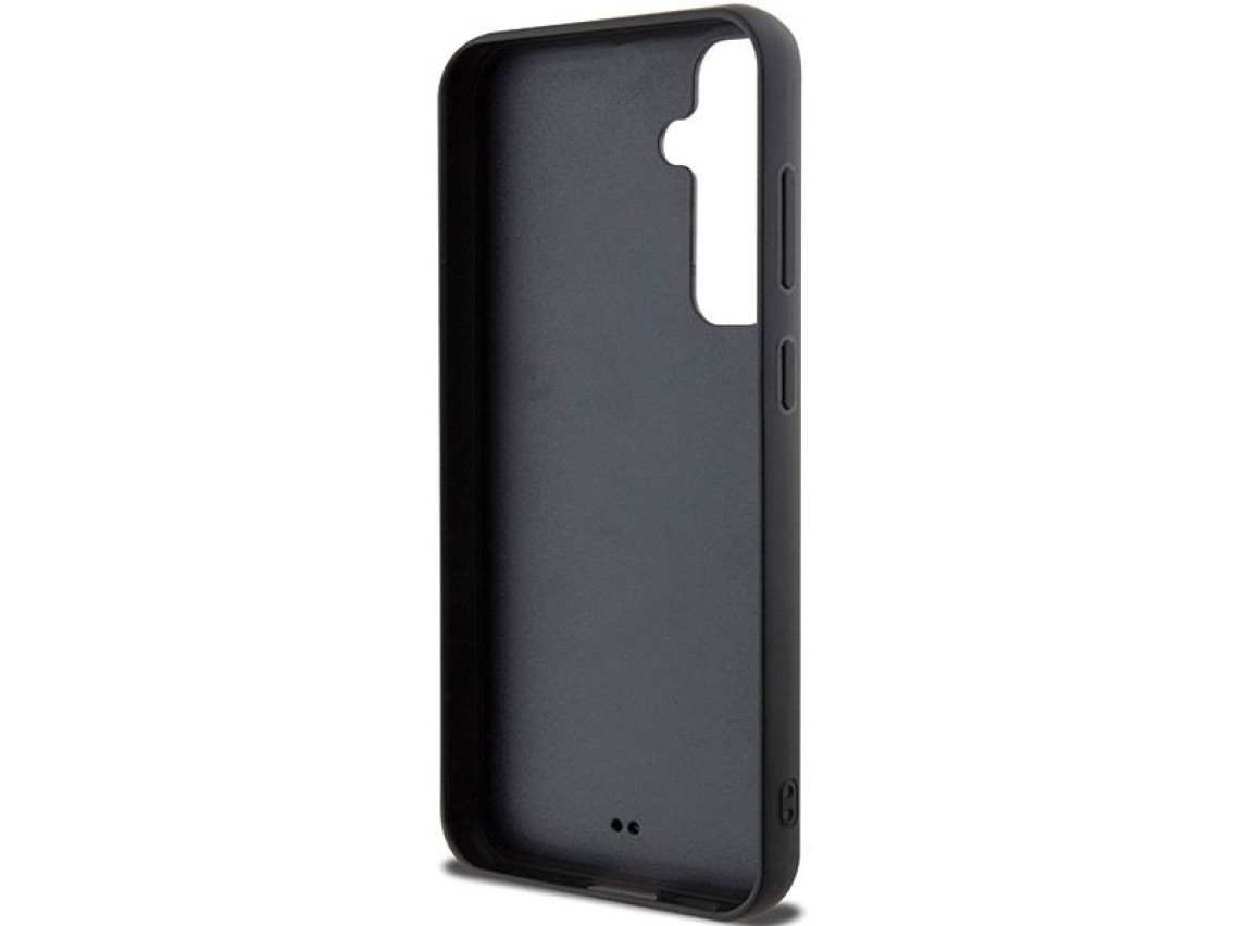 Guess GUHCS23FEPSQSQSK S23 FE S711 estojo rígido preto/preto com logotipo metálico acolchoado