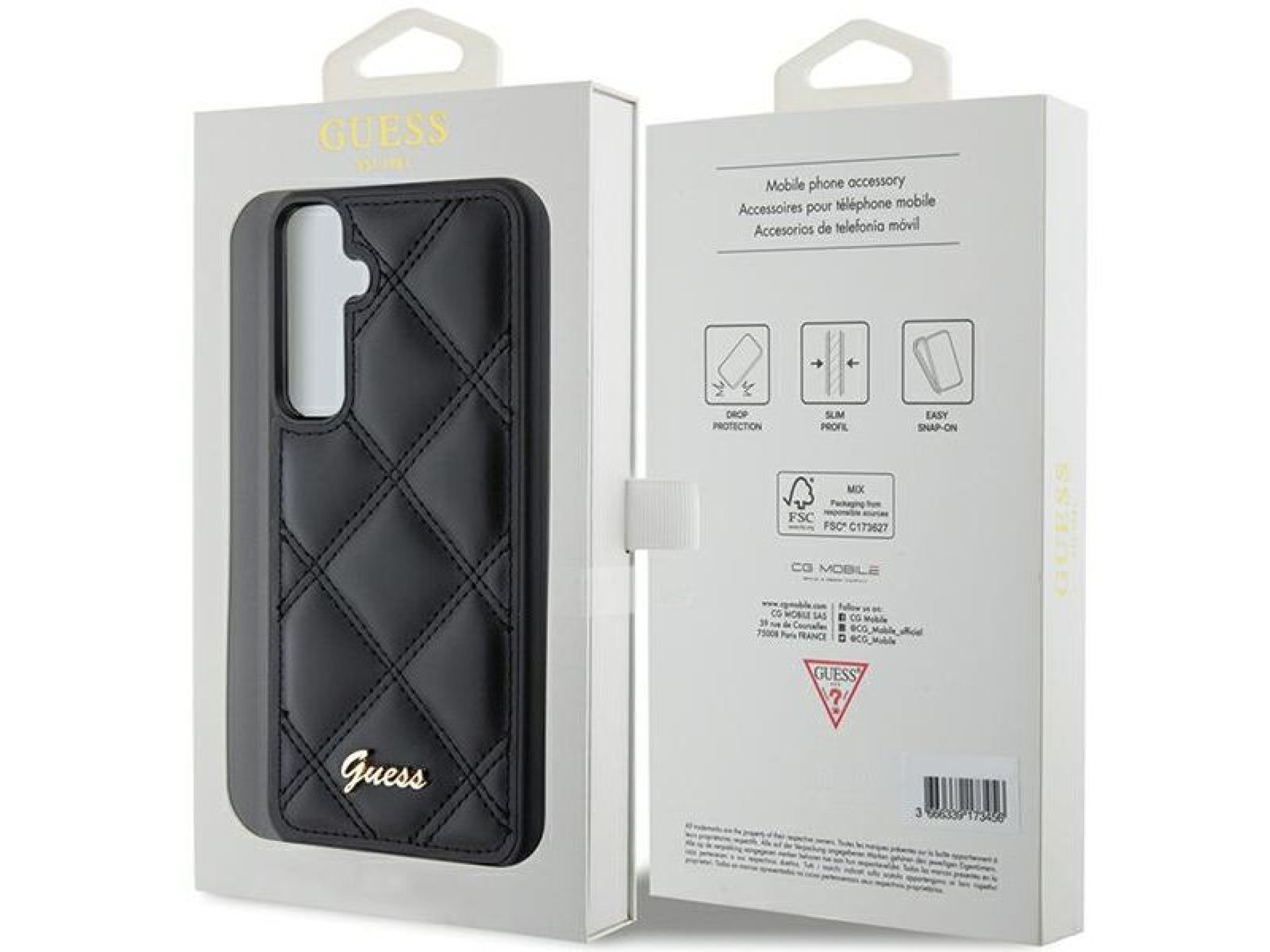 Guess GUHCS23FEPSQSQSK S23 FE S711 estojo rígido preto/preto com logotipo metálico acolchoado
