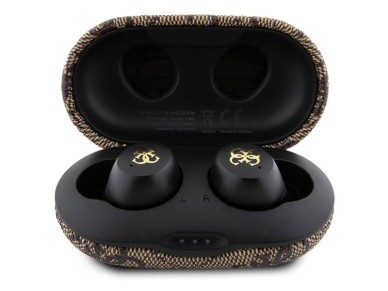 Fones de ouvido Bluetooth TWS Guess 4G Metal com base de carregamento ENC - marrom