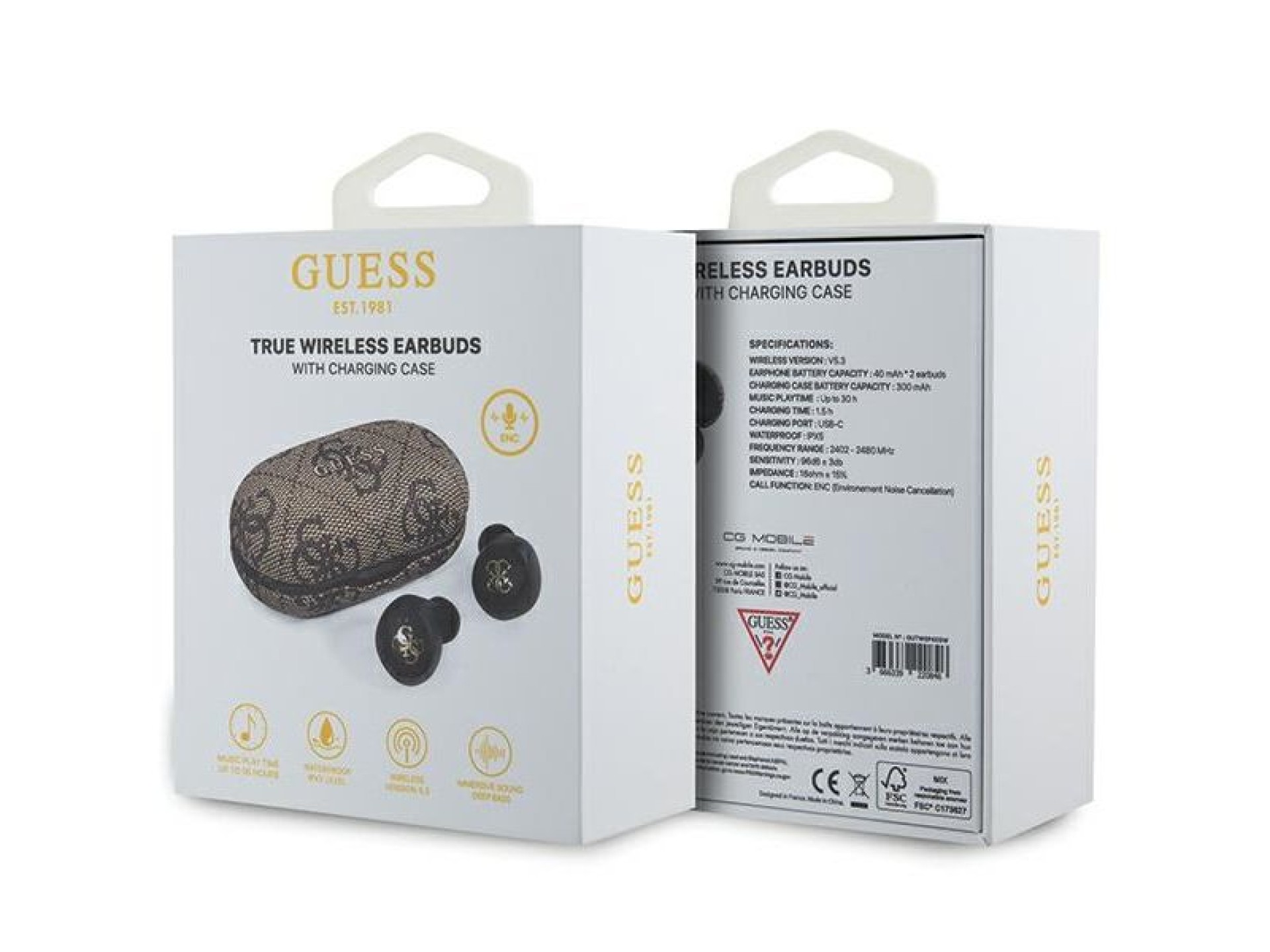 Fones de ouvido Bluetooth TWS Guess 4G Metal com base de carregamento ENC - marrom
