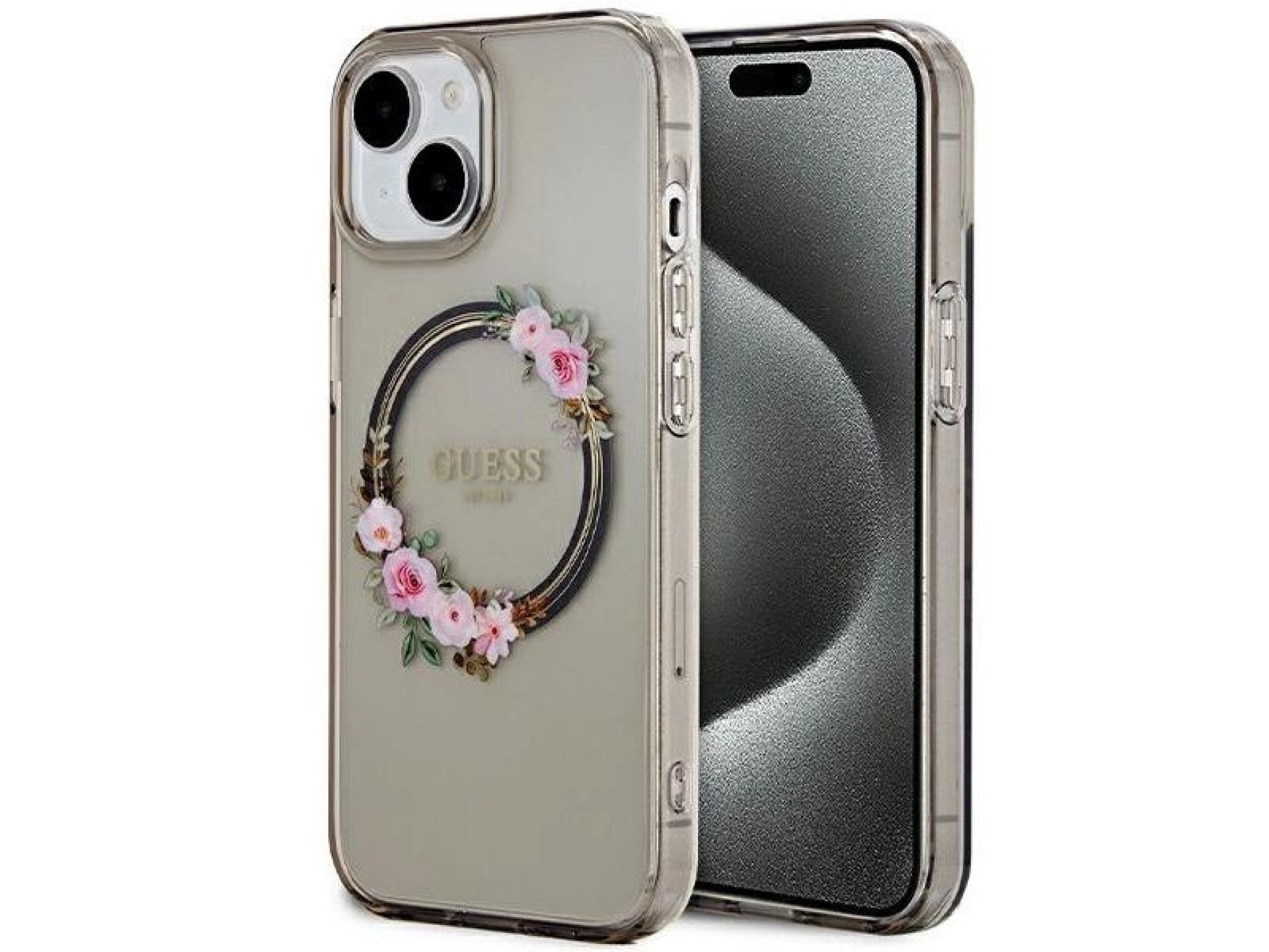 Funda Guess IML Flowers Wreath MagSafe para iPhone 15 / 14 / 13 - negra