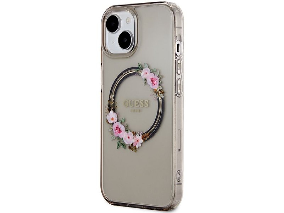 Funda Guess IML Flowers Wreath MagSafe para iPhone 15 / 14 / 13 - negra