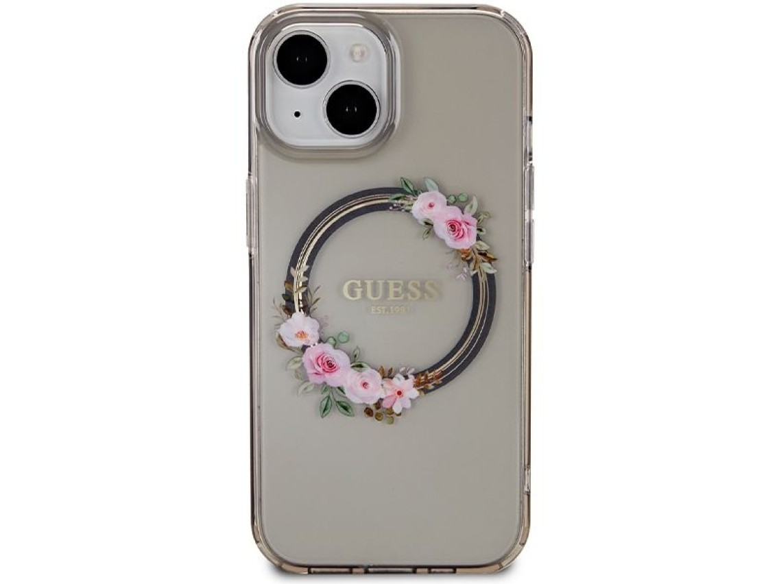 Funda Guess IML Flowers Wreath MagSafe para iPhone 15 / 14 / 13 - negra