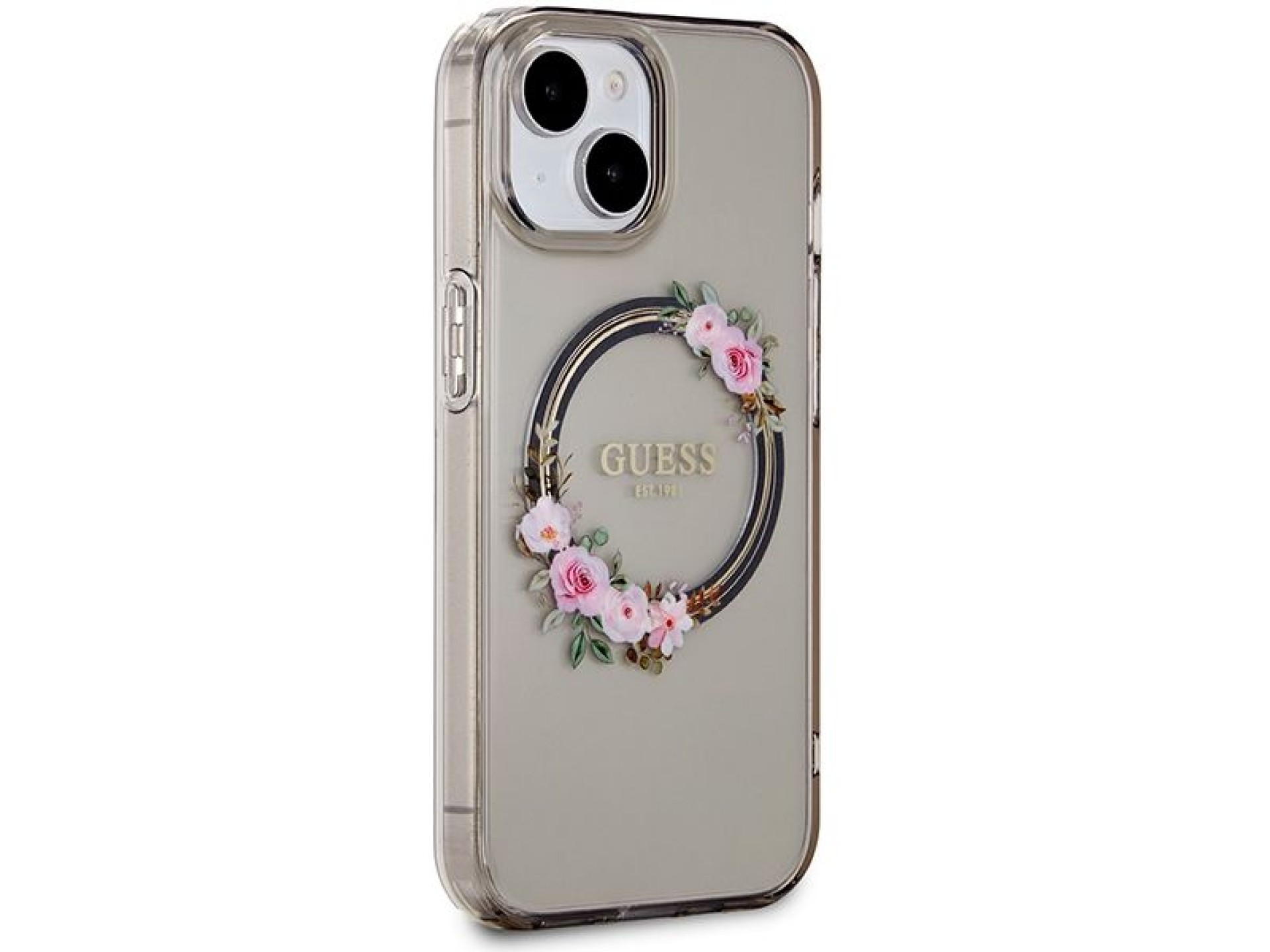 Funda Guess IML Flowers Wreath MagSafe para iPhone 15 / 14 / 13 - negra