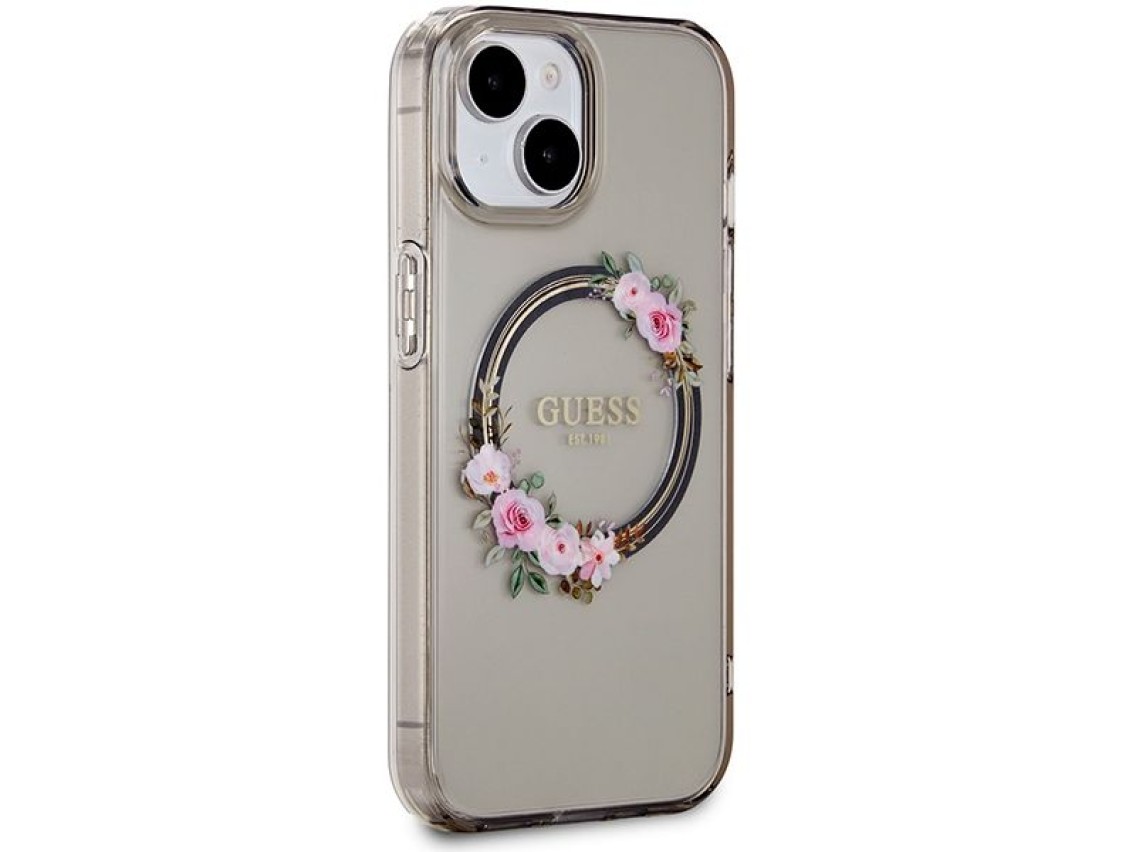 Funda Guess IML Flowers Wreath MagSafe para iPhone 15 / 14 / 13 - negra