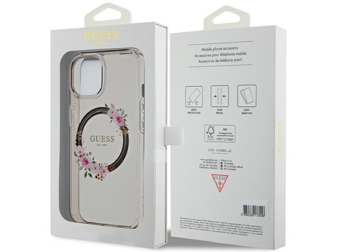 Funda Guess IML Flowers Wreath MagSafe para iPhone 15 / 14 / 13 - negra