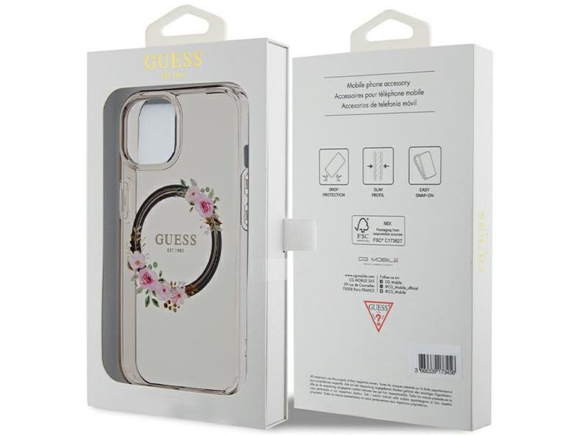 Funda Guess IML Flowers Wreath MagSafe para iPhone 15 / 14 / 13 - negra