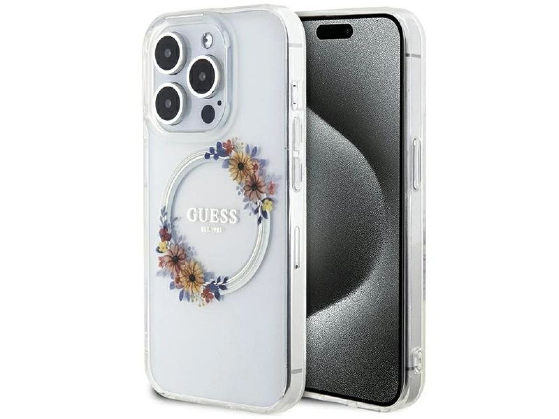 Guess IML Flowers Wreatch MagSafe case for iPhone 15 Pro - transparent