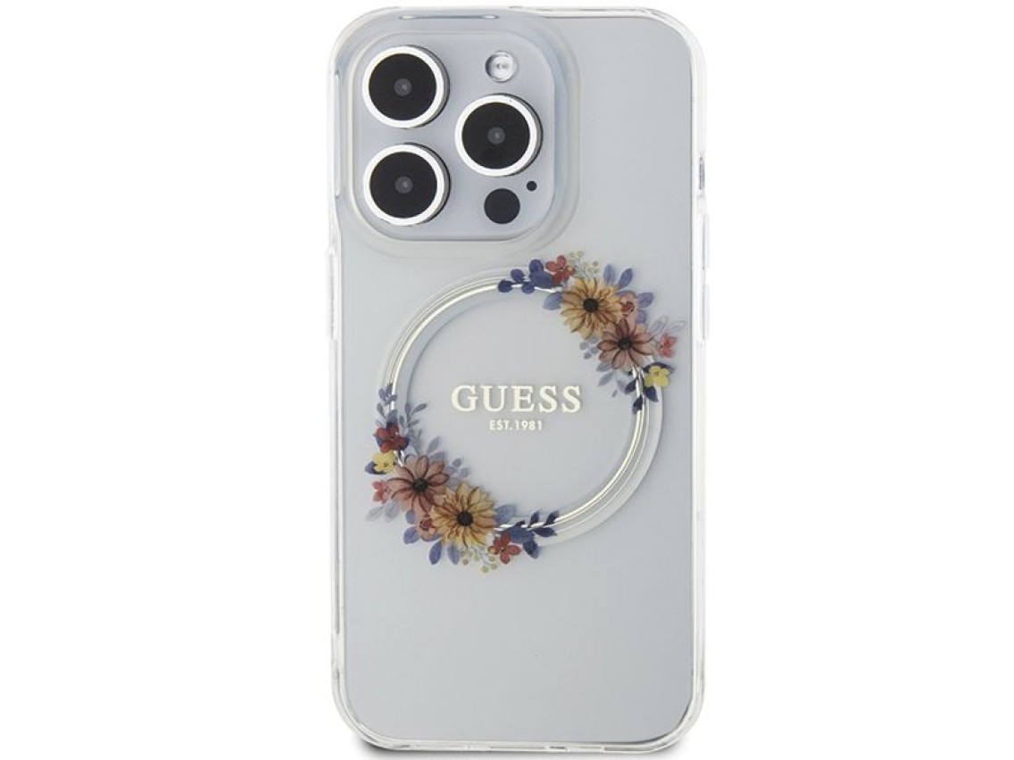 Guess IML Flowers Wreatch MagSafe case for iPhone 15 Pro - transparent