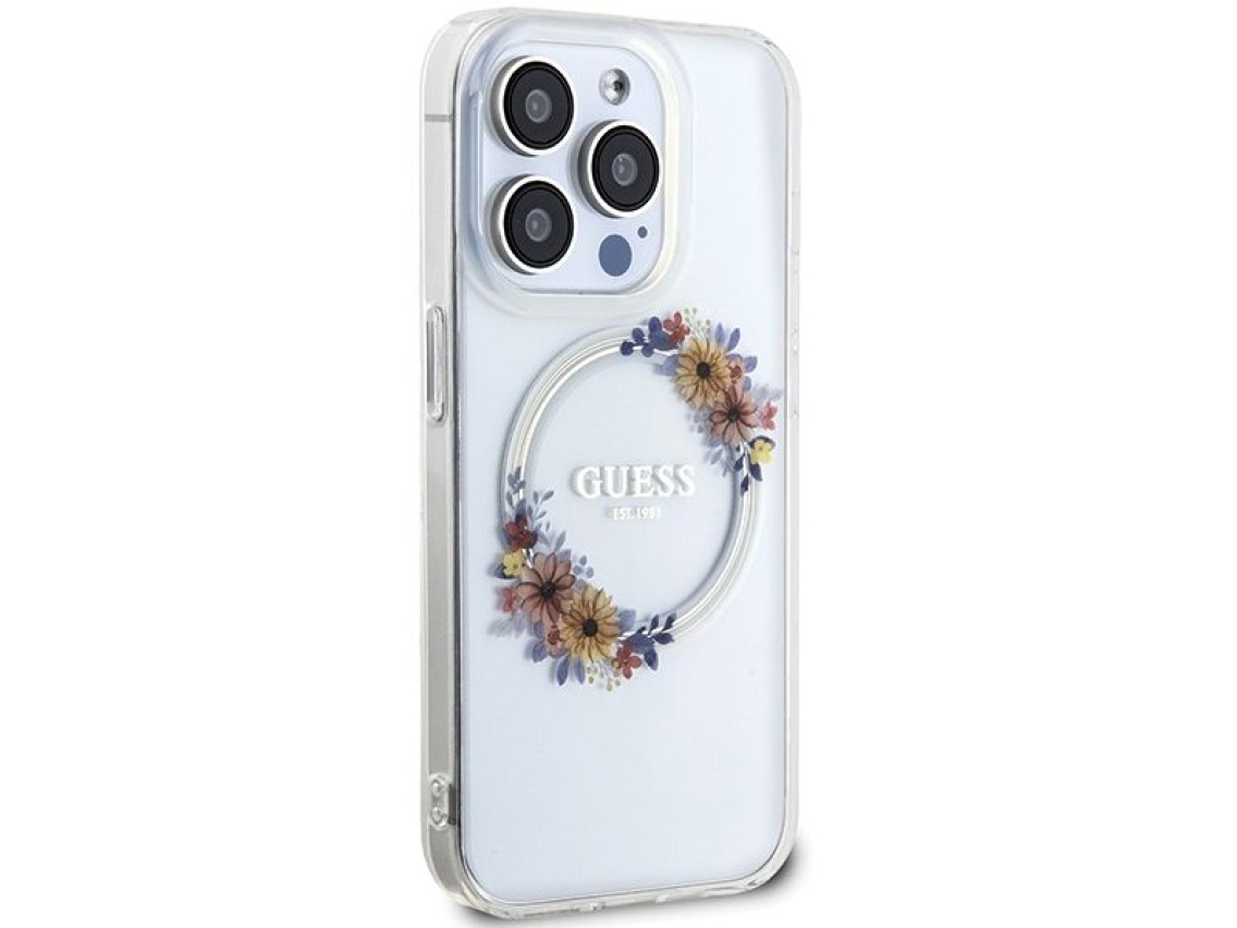 Guess IML Flowers Wreatch MagSafe case for iPhone 15 Pro - transparent