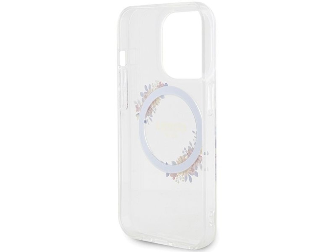 Guess IML Flowers Wreatch MagSafe case for iPhone 15 Pro - transparent