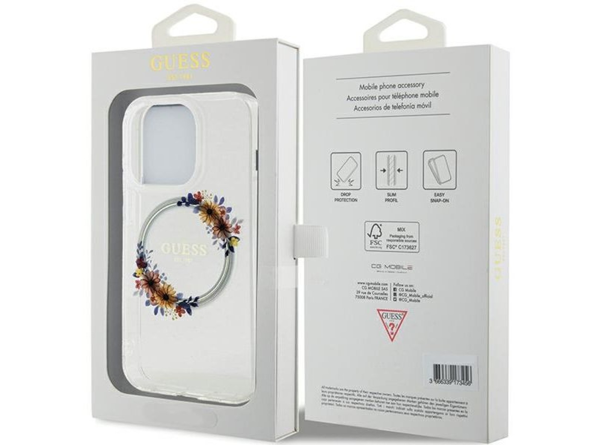 Guess IML Flowers Wreatch MagSafe case for iPhone 15 Pro - transparent