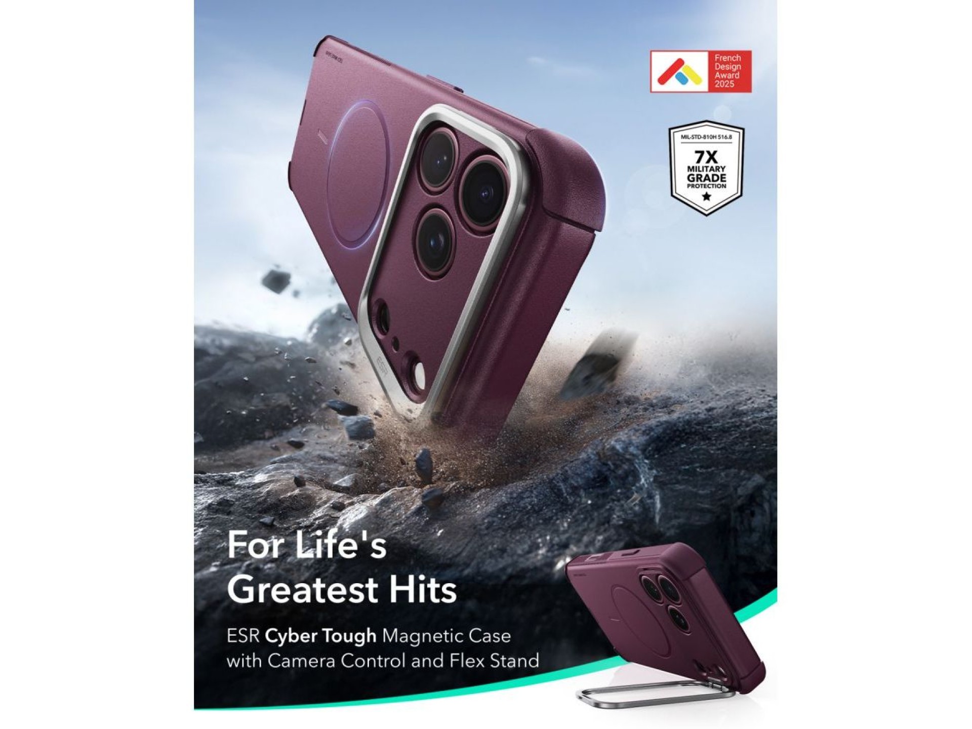 Funda ESR Cyber ??Tough con soporte y MagSafe para iPhone 18 Pro / 17 Pro - Granate