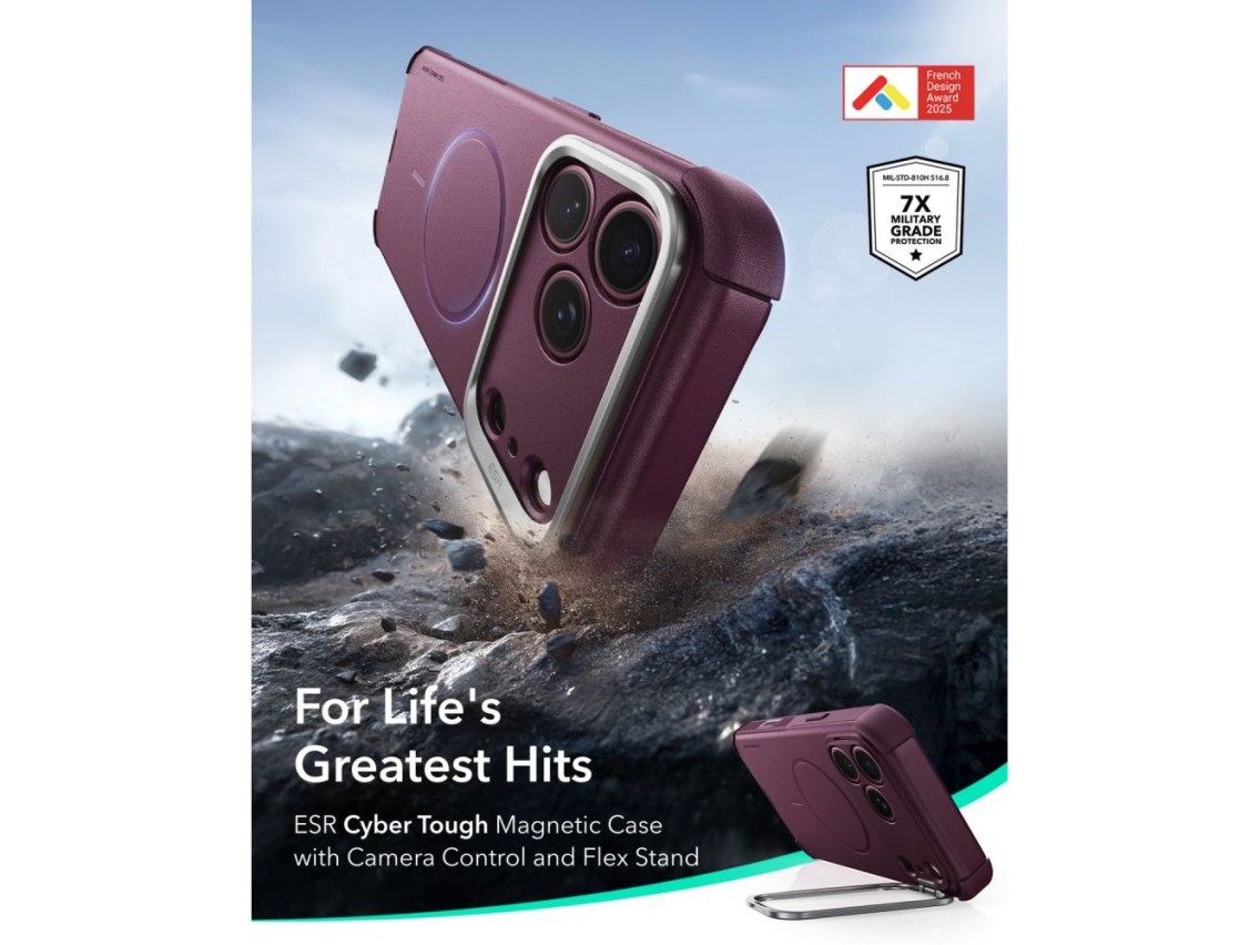 Funda ESR Cyber ??Tough con soporte y MagSafe para iPhone 18 Pro / 17 Pro - Granate