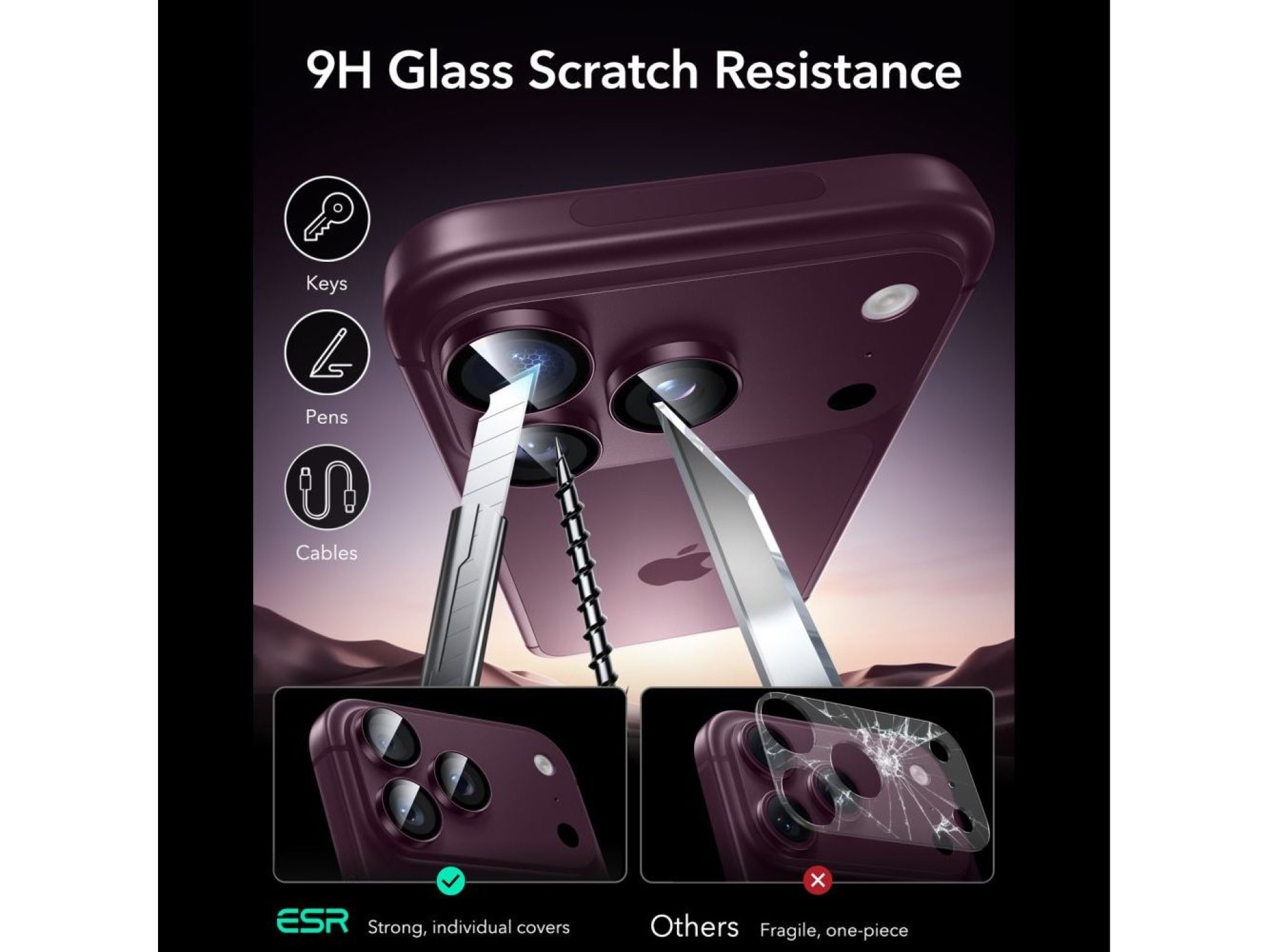 Protector de cámara de cristal templado ESR Armorite para iPhone 18 Pro / 18 Pro Max - Rojo cereza o