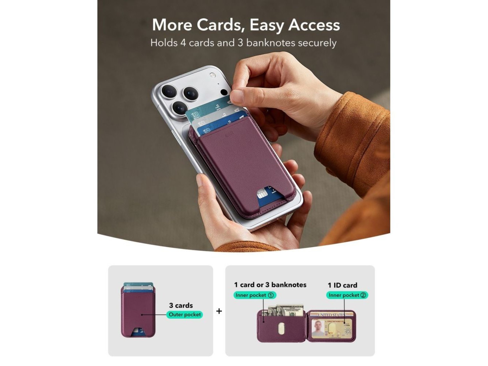 ESR Classic RFID Magnetic MagSafe Wallet - Dark Cherry