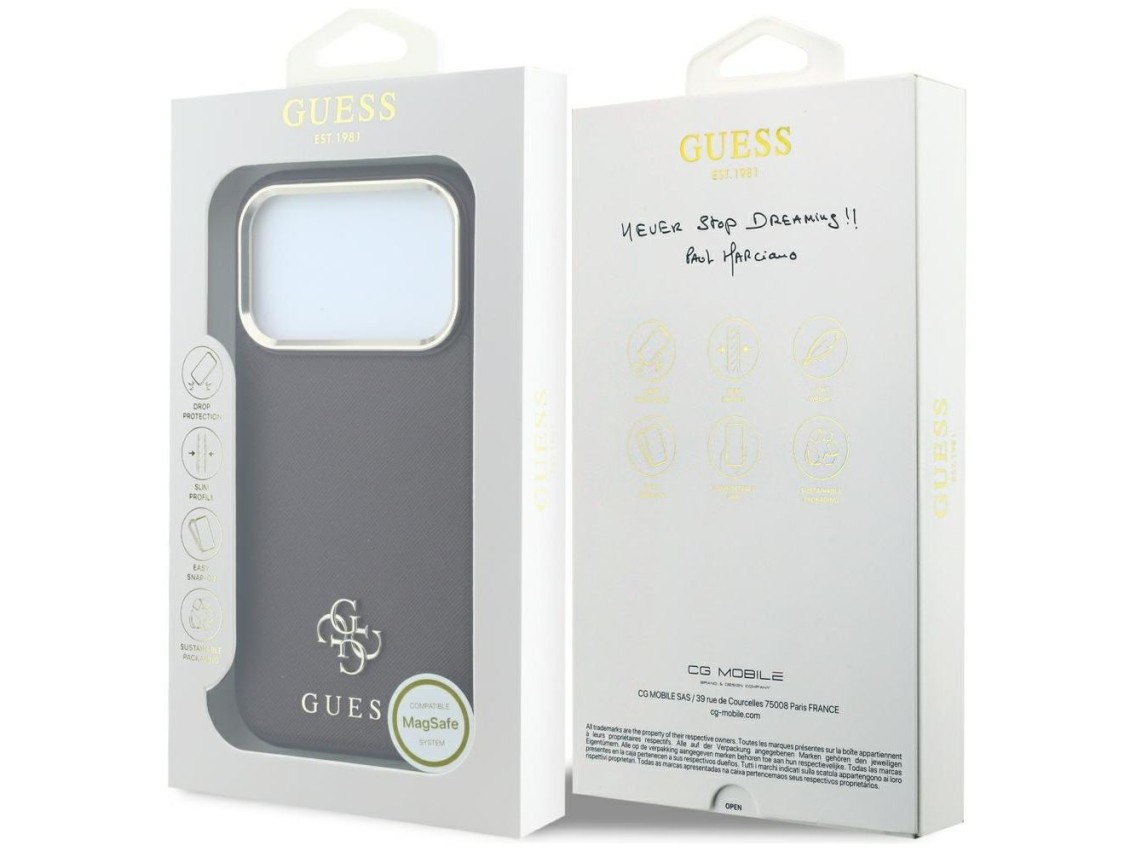 Funda Guess Saffiano Small 4G y Classic Logo MagSafe para iPhone 18 Pro / 17 Pro - Borgoña