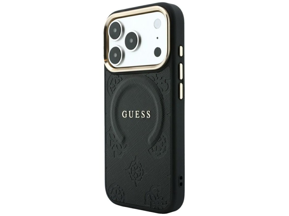 Capa Guess Saffiano Peony & Ring MagSafe para iPhone 17 Pro Max / 18 Pro Max - Preta