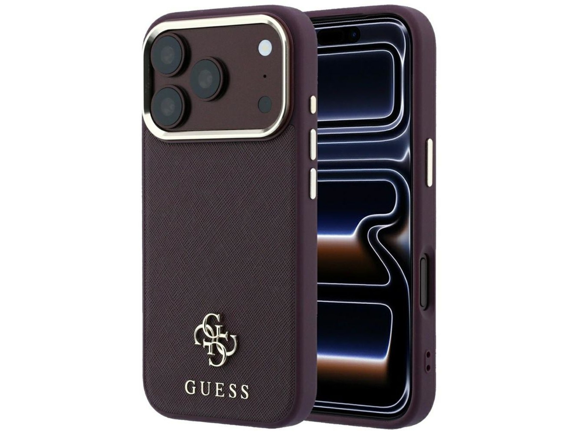 Funda Guess Saffiano Small 4G y Classic Logo MagSafe para iPhone 18 Pro / 17 Pro - Borgoña