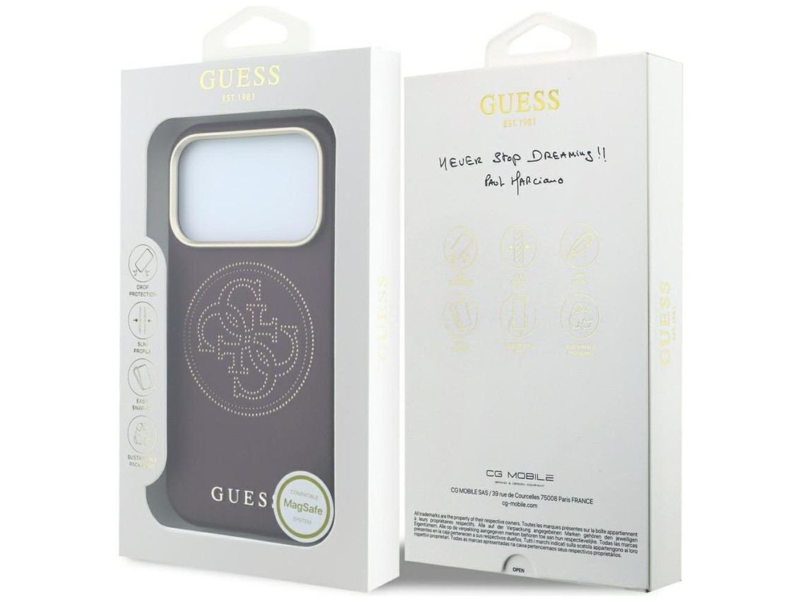 Capa Guess Perfurada 4G com Logo Dourado e MagSafe para iPhone 18 Pro / 17 Pro - Bordô