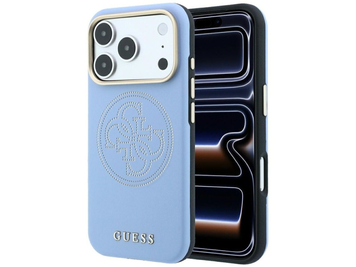 Capa Guess Perfurada 4G com Logo Dourado e MagSafe para iPhone 18 Pro / 17 Pro - Azul Claro