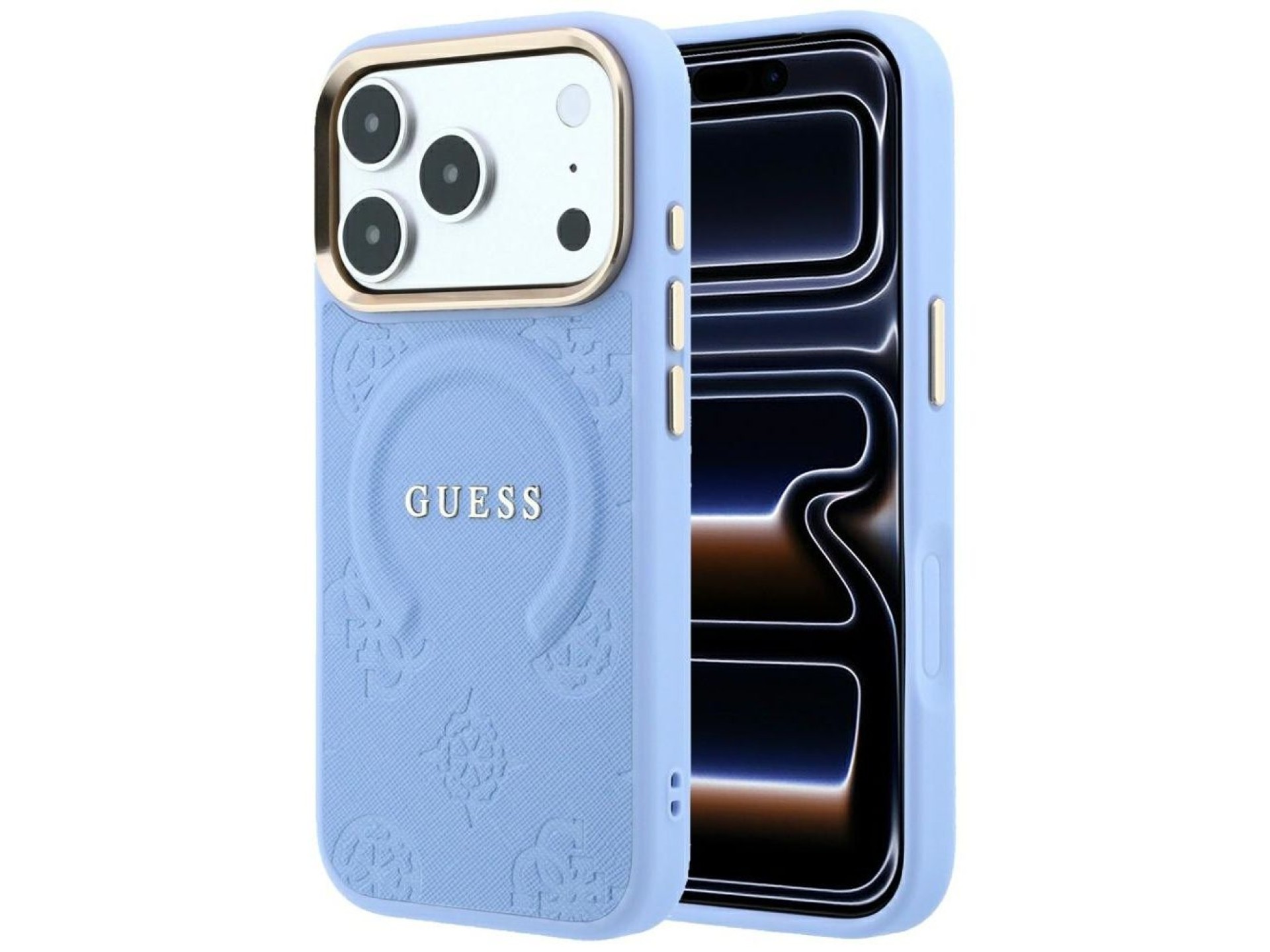 Capa Guess Saffiano Peony & Ring MagSafe para iPhone 17 Pro / 18 Pro - azul claro