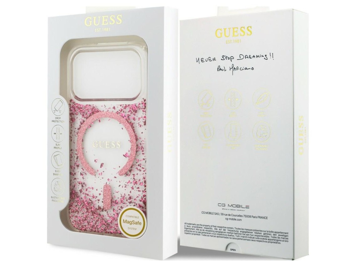 Capa MagSafe Guess com base em resina e glitter para iPhone 18 Pro Max / 17 Pro Max - Rosa