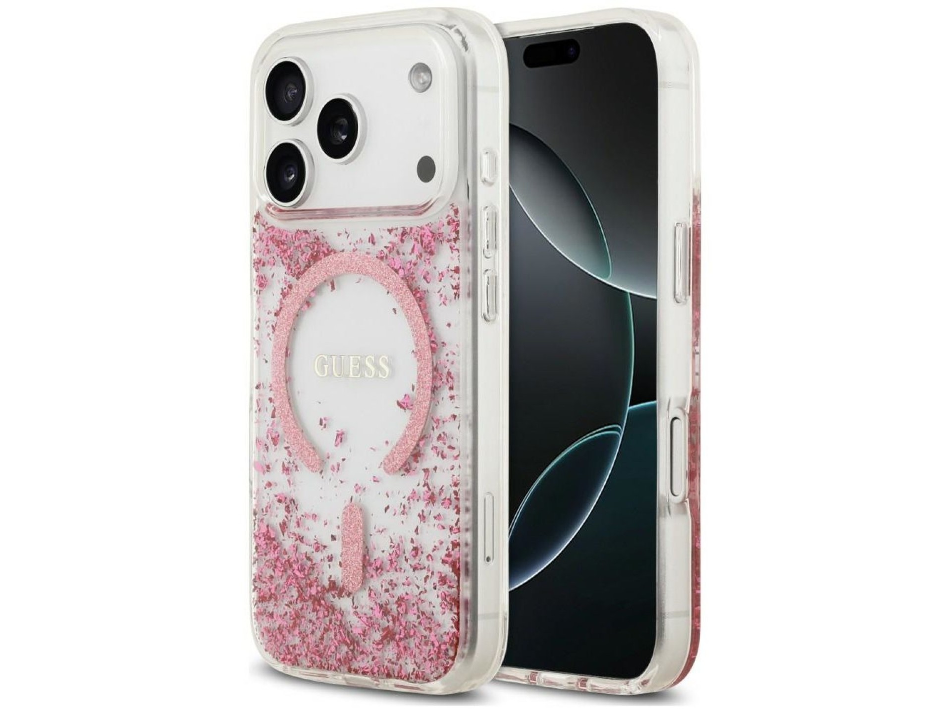 Capa MagSafe Guess com base em resina e glitter para iPhone 18 Pro / 17 Pro - Rosa
