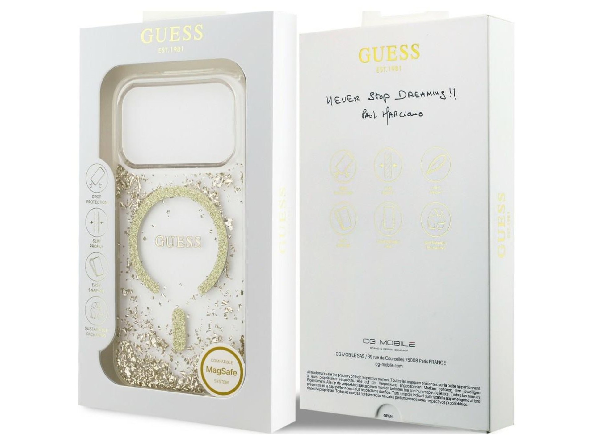 Capa MagSafe Guess com base em resina e glitter para iPhone 18 Pro / 17 Pro - Dourada
