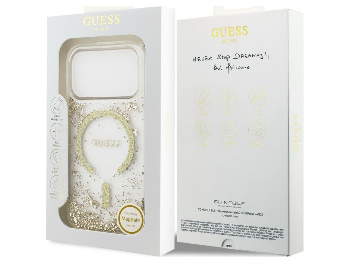 Capa MagSafe Guess com base em resina e glitter para iPhone 18 Pro / 17 Pro - Dourada