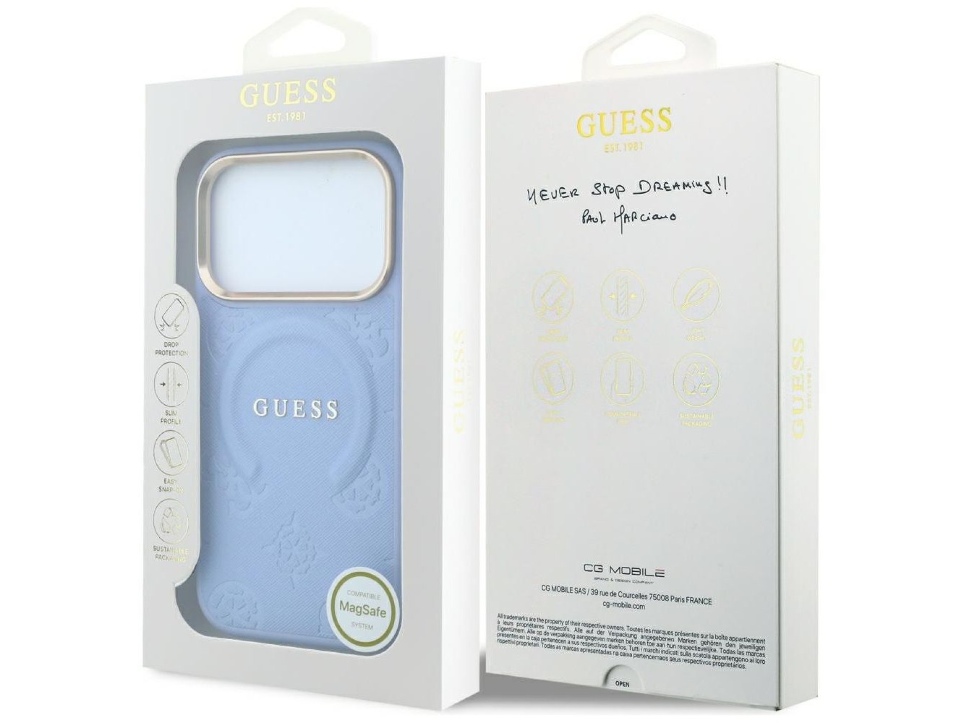Capa Guess Saffiano Peony & Ring MagSafe para iPhone 17 Pro / 18 Pro - azul claro