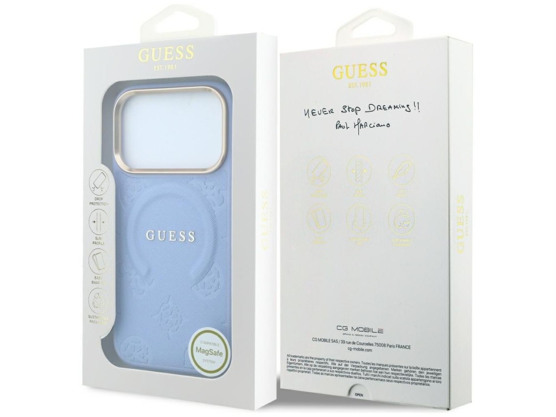 Capa Guess Saffiano Peony & Ring MagSafe para iPhone 17 Pro / 18 Pro - azul claro