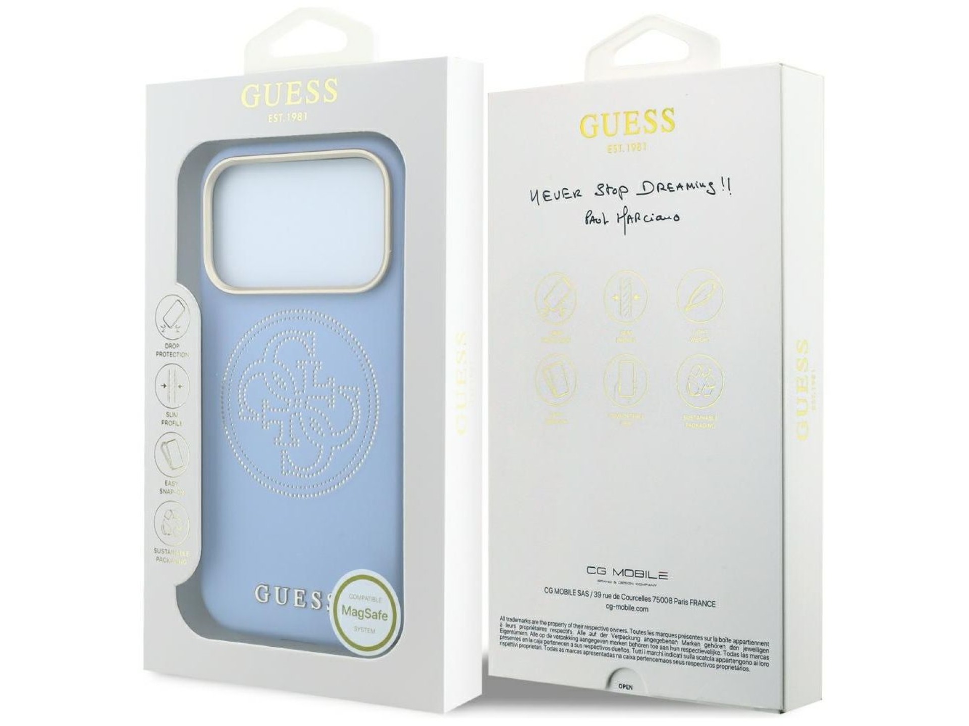 Capa Guess Perfurada 4G com Logo Dourado e MagSafe para iPhone 18 Pro Max / 17 Pro Max - Azul Claro
