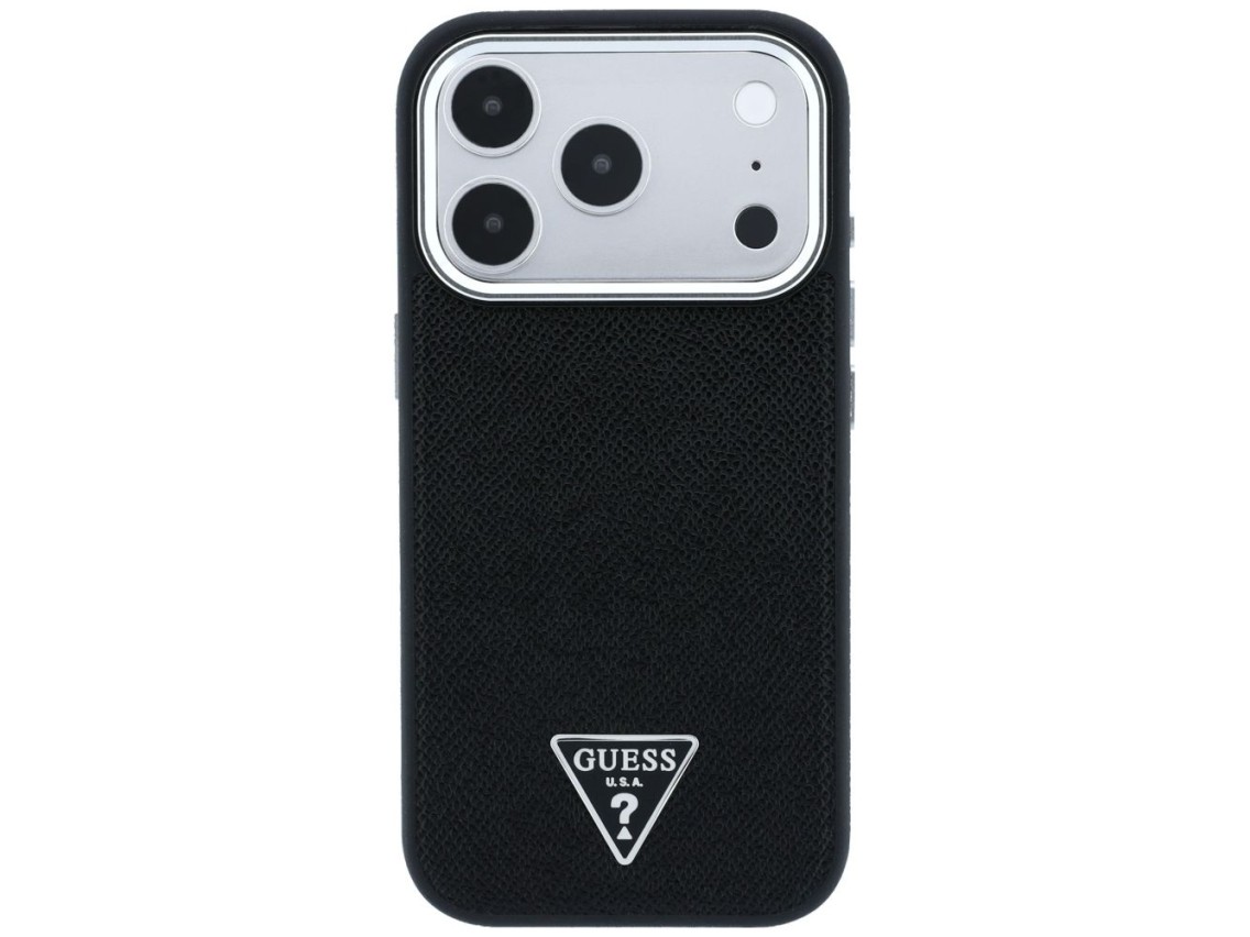 Capa MagSafe com logo triangular texturizado da Guess para iPhone 17 Pro / 18 Pro - Preta