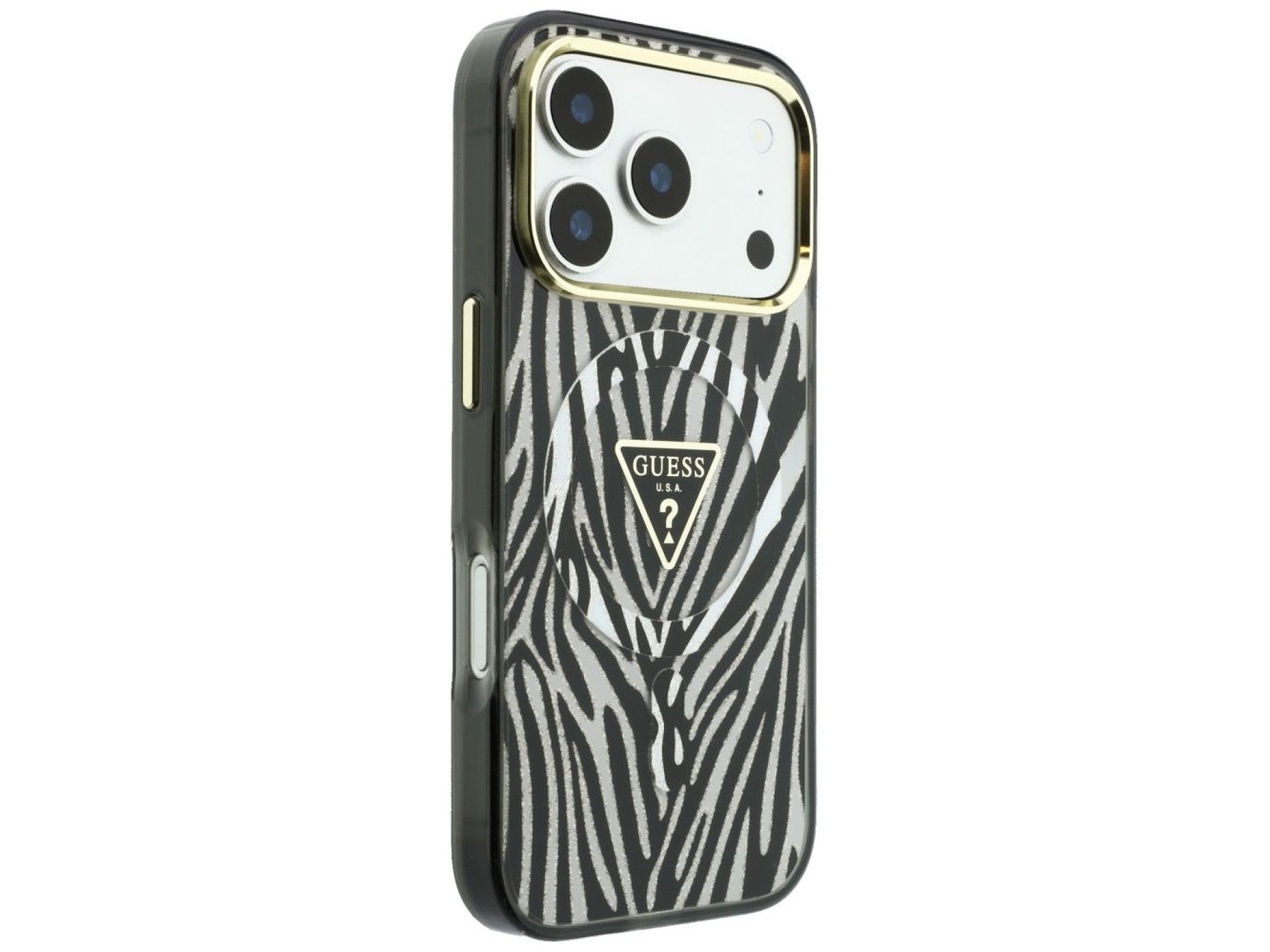 Funda Guess IML Zebra Glitter Triangle Logo MagSafe para iPhone 18 Pro / 17 Pro - Plateada